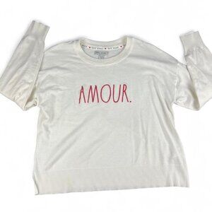 Rae Dunn White Knit Sweater with “AMOUR” Graphic – Cozy Chic, Size XL